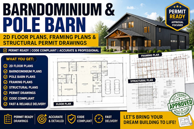 draw pole barn 2d floor plans, barndominium framing plans and structural permit