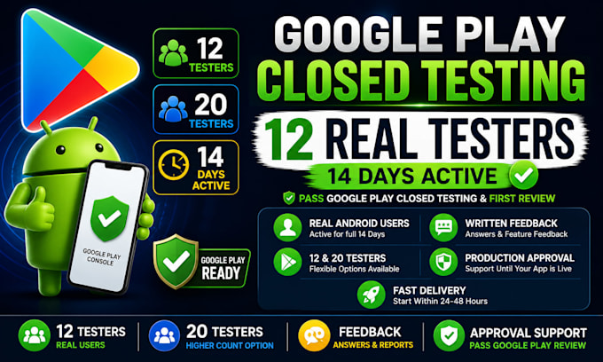 provide 12 testers for google play closed testing and android app testing