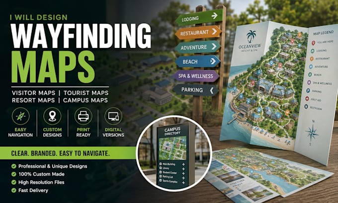 design wayfinding maps, visitor maps, tourist maps, resort maps and campus maps