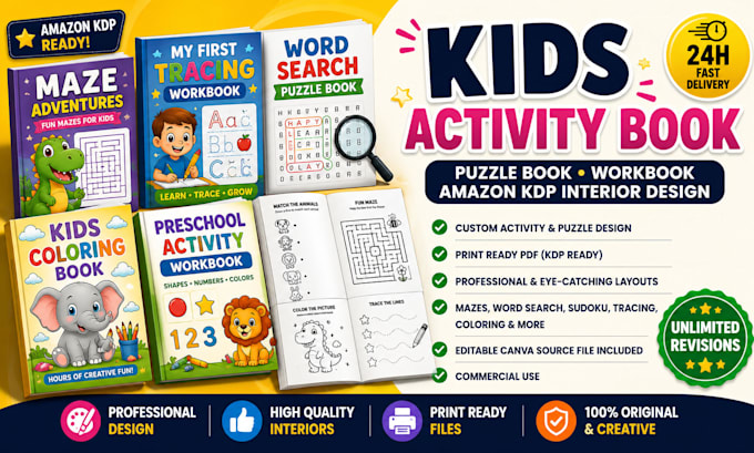 design kid activities book, puzzle book, workbook, and amazon kdp interior