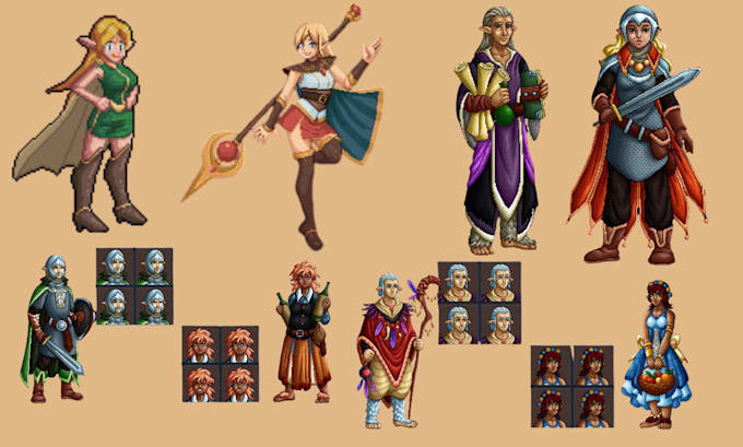create rpg game character sprites, animations, and pixel art assets