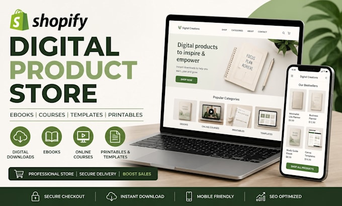 design shopify digital product store ebooks online course printables store setup