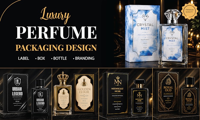 create luxury perfume label and packaging design with 3d mockup