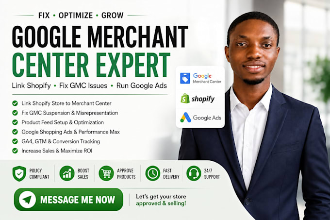 link shopify store to merchant center, fix gmc issues, run google ads