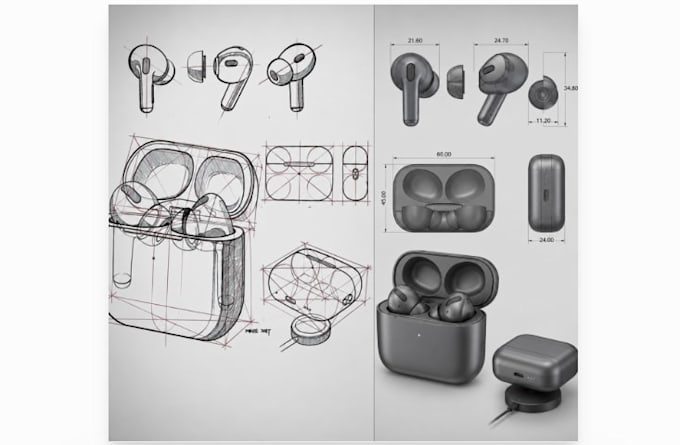 design 3d cad tws wireless earbud and charging case with complete tech pack