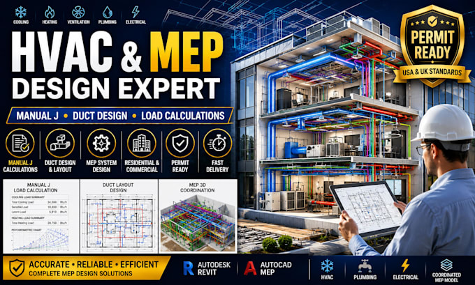 design mep hvac systems, electrical and duct design, manual j load calculation