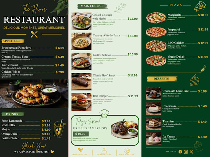 design a modern restaurant menu, cafe menu, or food flyer