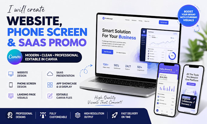 create website mockup, phone screen mockup, saas promo in canva