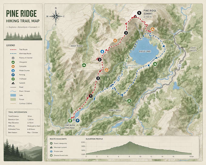 design custom trekking, hiking and backpacking trail maps