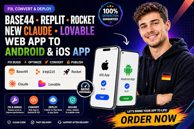 fix, convert base44 replit rocket new claude lovable web app to android ios app