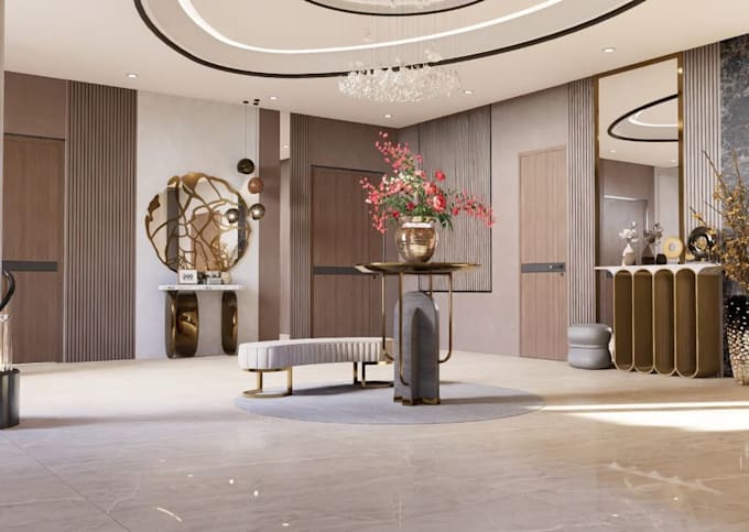 optimize luxury lobby design, house corridor, render interior furniture layout