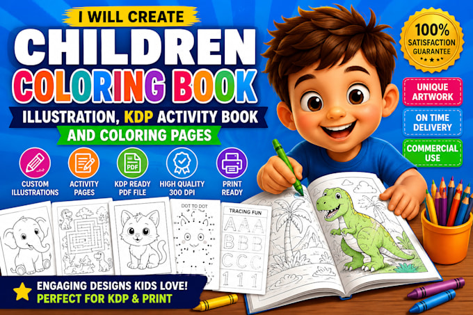 create children coloring book illustration, KDP activity book and coloring page