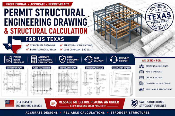 do permit structural engineering drawing and structural calculation for US texas