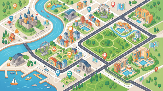 do vector tourist map, city guide map, travel map, resort and attraction map