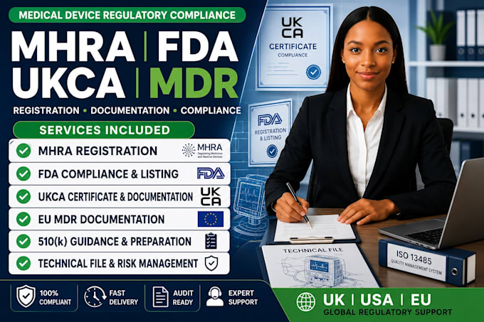 handle mhra registration, ukca certificate, fda compliance and mdr documentation
