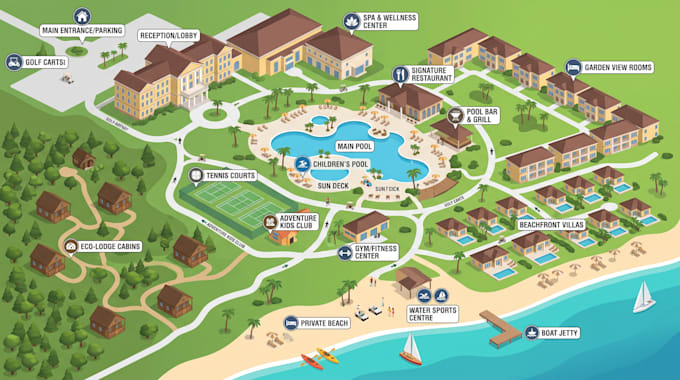 create resort map, hotel map, vacation resort map, eco lodge map, tourist map