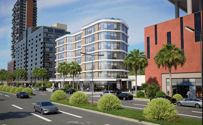 outstanding office building 3d exterior rendering, commercial complex, facade