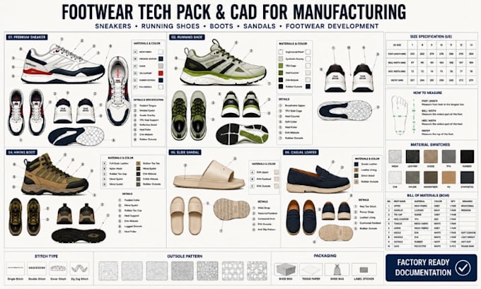 create sneaker, running shoe, boot, sandal,  footwear tech pack manufacturing