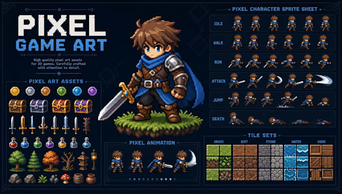 do pixel game art pixel art character pixel animation sprite sheet and tile sets