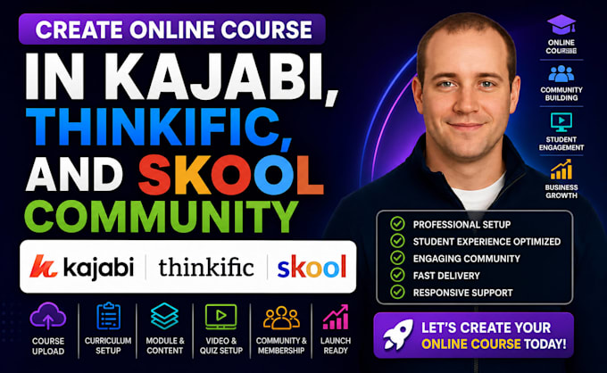 create online course in kajabi, thinkific, and skool community