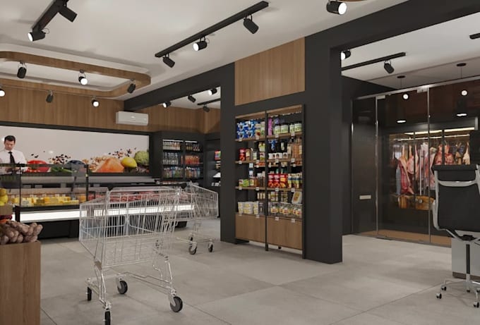 modern3d supermarket interior,grocery store render,butcher shop,mini mart design