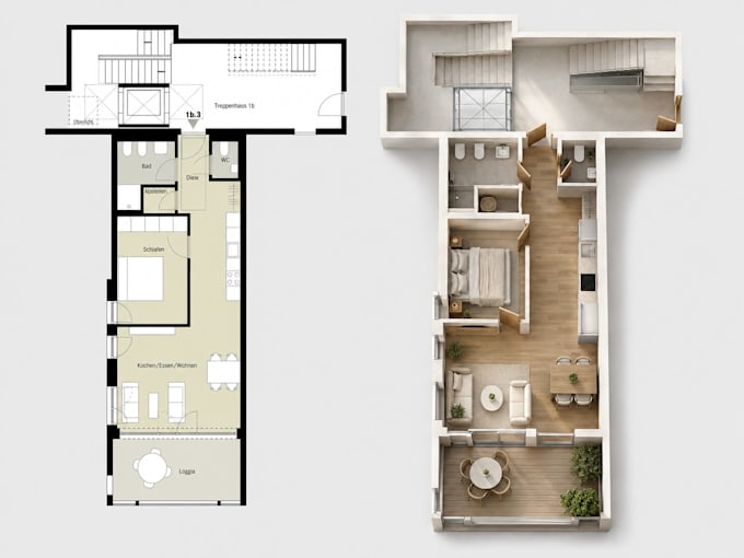 convert 2d floor plan into realistic 3d floor plan rendering for real estate