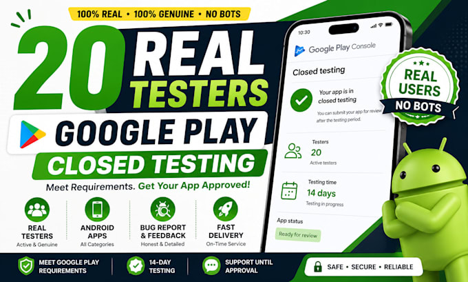 provide 20 google play closed testing testers for android app approval