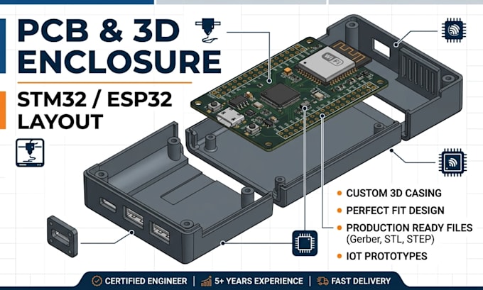 design 3d printable pcb enclosure, custom casing, stm32 and esp32 pcb layout