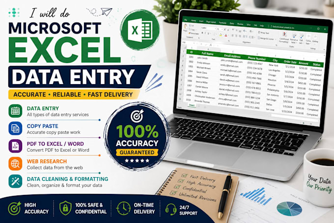 do microsoft excel data entry, copy paste, typing and web research