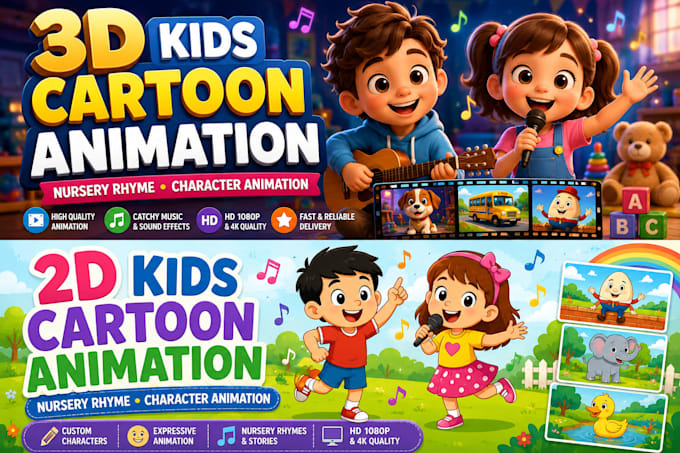 create 2d 3d kids cartoon animation, nursery rhyme, character animation