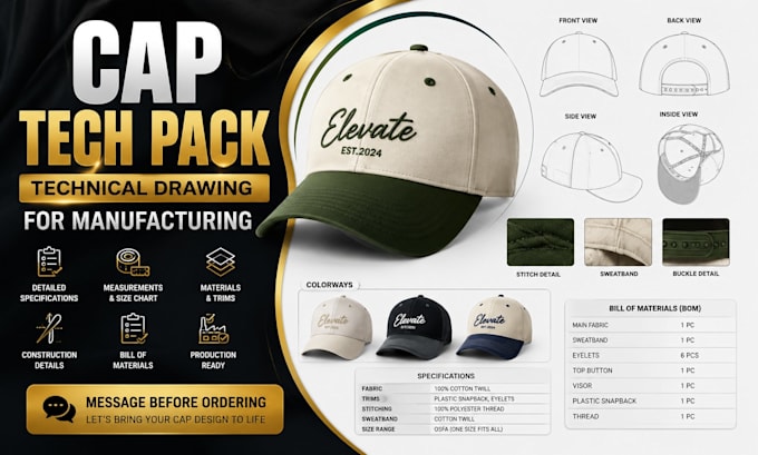 create cap tech pack with technical drawing for manufacturing