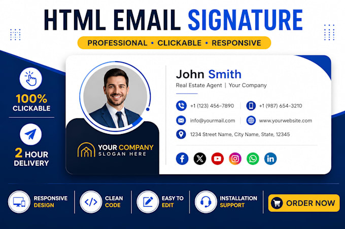 design HTML email signature with animated logo for business