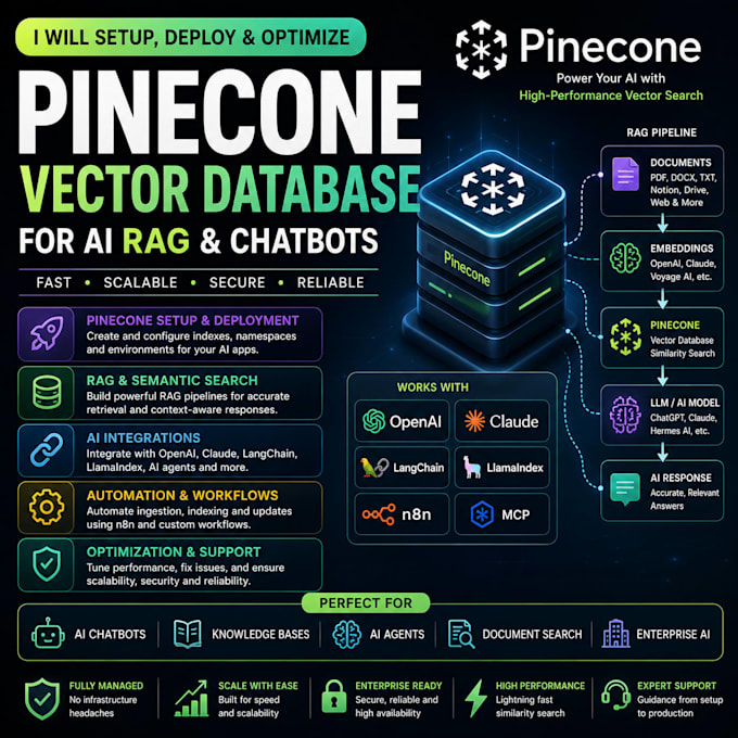 setup, deploy, pinecone vector database for ai rag, chatbots telegram, whatsapp