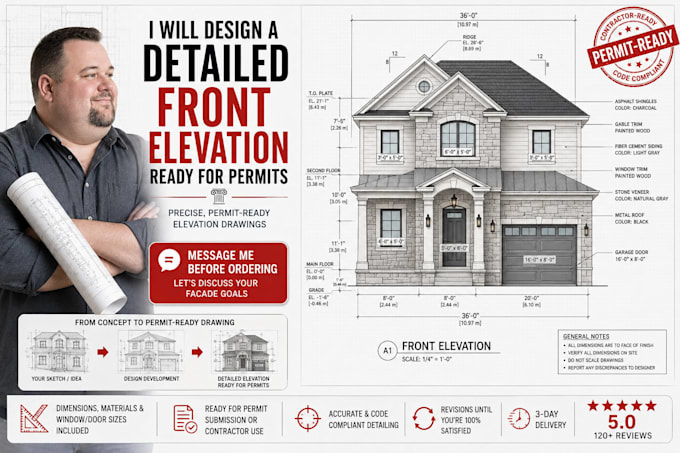front elevation and facade drawings, materials, window details