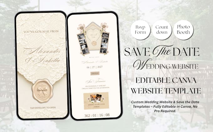 create a save the date wedding website invitation template canva editable