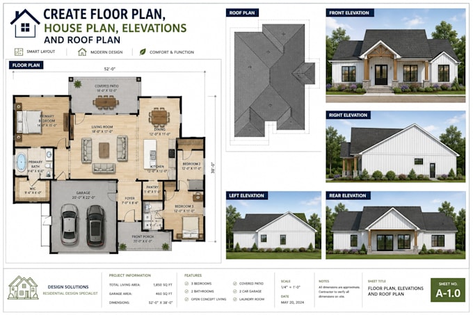 create floor plan, house plan, elevations and roof plan