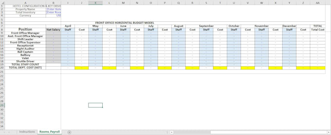 design a professional hotel front office budget model in excel