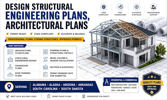 design structural engineering plans, architectural plans alabama ak az ar sc sd