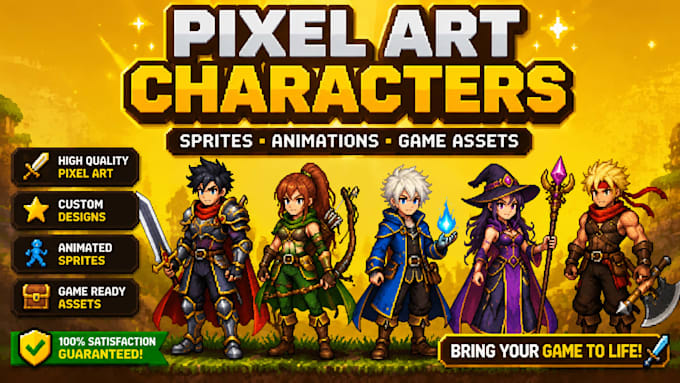 custom pixel art characters, sprite sheet, game assets