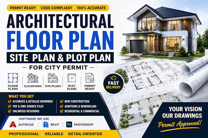 draw architectural floor plan, site plan, plot plan, elevation for city permit