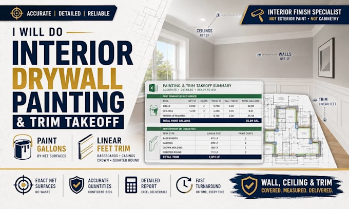 do interior drywall painting takeoff and trim material estimate