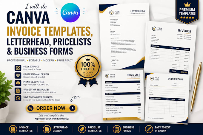 do custom canva invoice templates, letterhead, price list and business forms