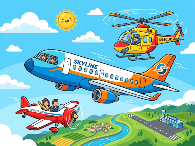 draw aircraft, airplane, helicopter into a vector cartoon art
