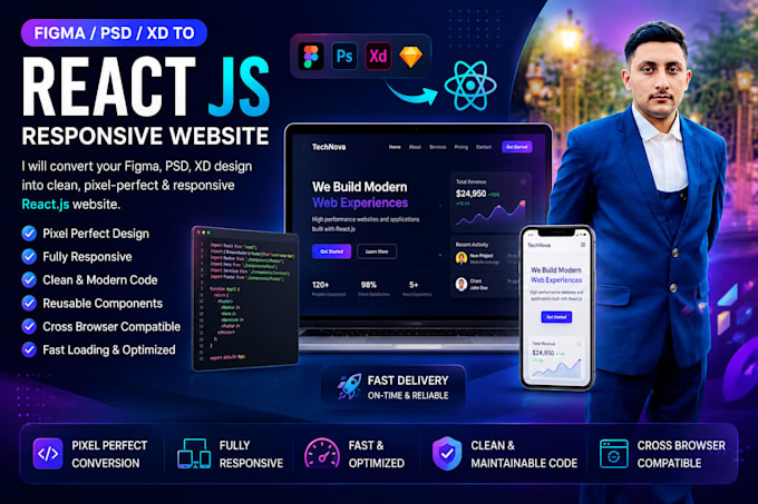convert figma PSD xd to react js responsive website