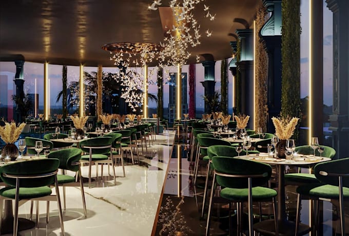 stylish restaurant, cafe interior design with realistic 3d render, bar,2d layout
