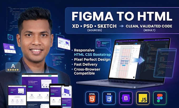 convert figma xd PSD sketch to responsive HTML CSS bootstrap website