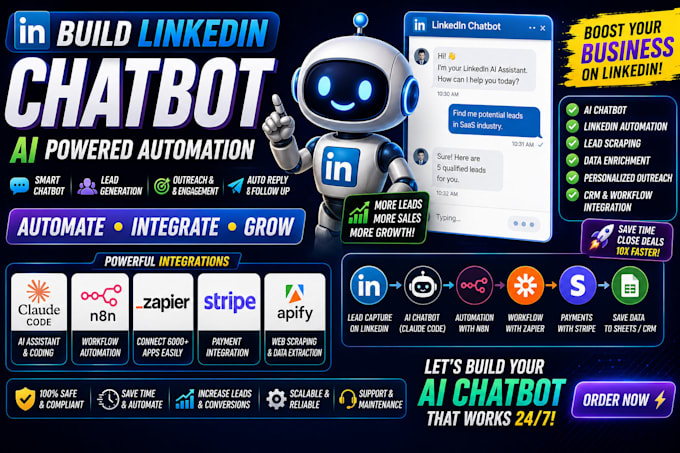 build linkedin chatbot claude code bot zapier n8n stripe integration  ads apify
