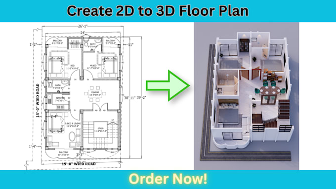 make 2d floor plan to 3d floor plan with 3d rendering