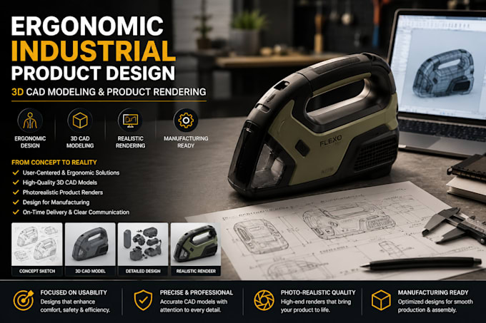 ergonomic industrial product design, 3d cad modeling and product rendering