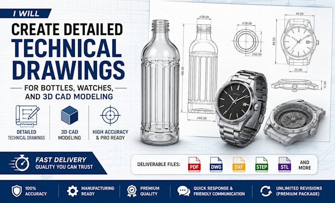 create detailed technical drawings for bottles, watches, and 3d cad modeling